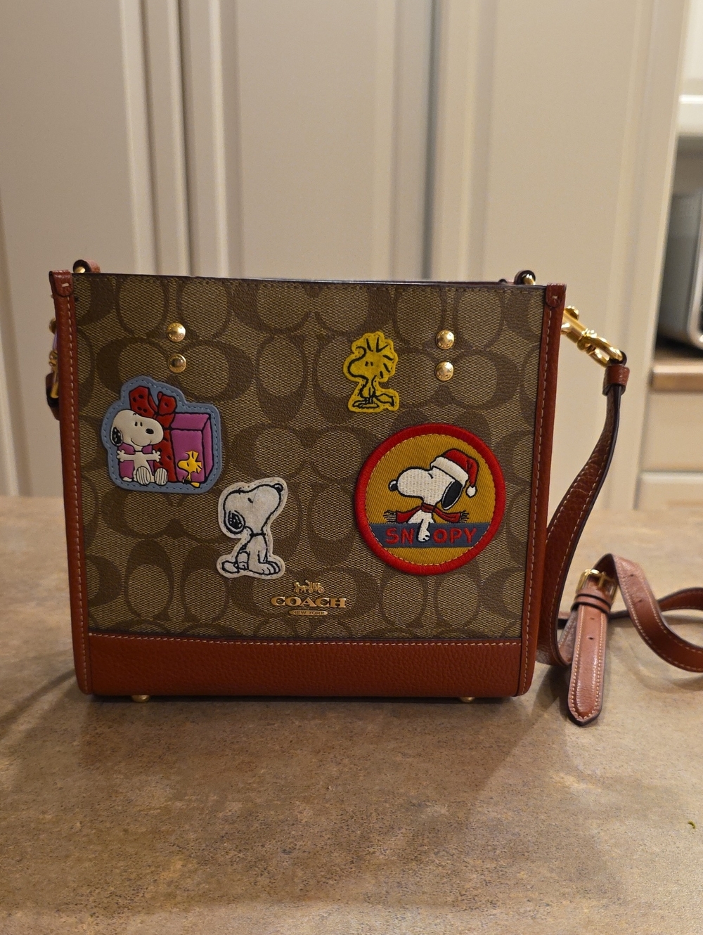 Coach Brown Signature Canvas Crossbody with Snoopy Patches